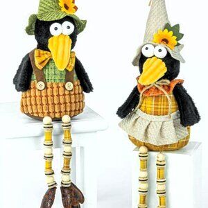 Set of 2 Fall Crow Button Leg Shelf Sitter Figurines - Autumn Harvest Decor